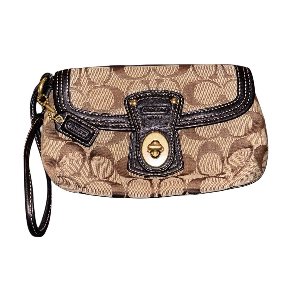 Coach Vtg Brown & Tan Turn-lock Signature Wristlet Handbag, 2-Compartment Mini - Picture 1 of 6